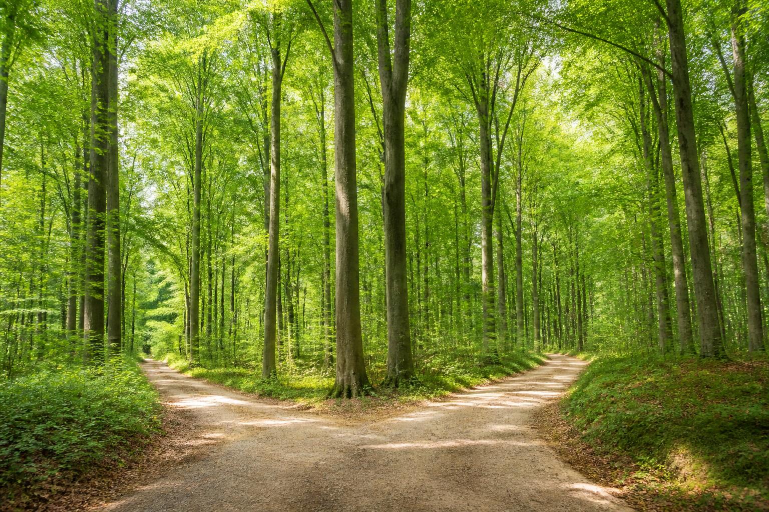 Waldweg, der sich in zwei Richtungen gabelt — Sinnbild für die Wahl zwischen Dienstplan-Anbietern