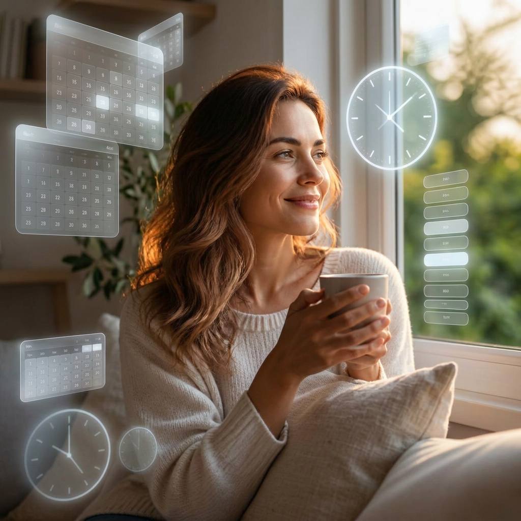 Person mit Kaffee am Fenster, umgeben von leuchtenden Kalender- und Uhr-Elementen