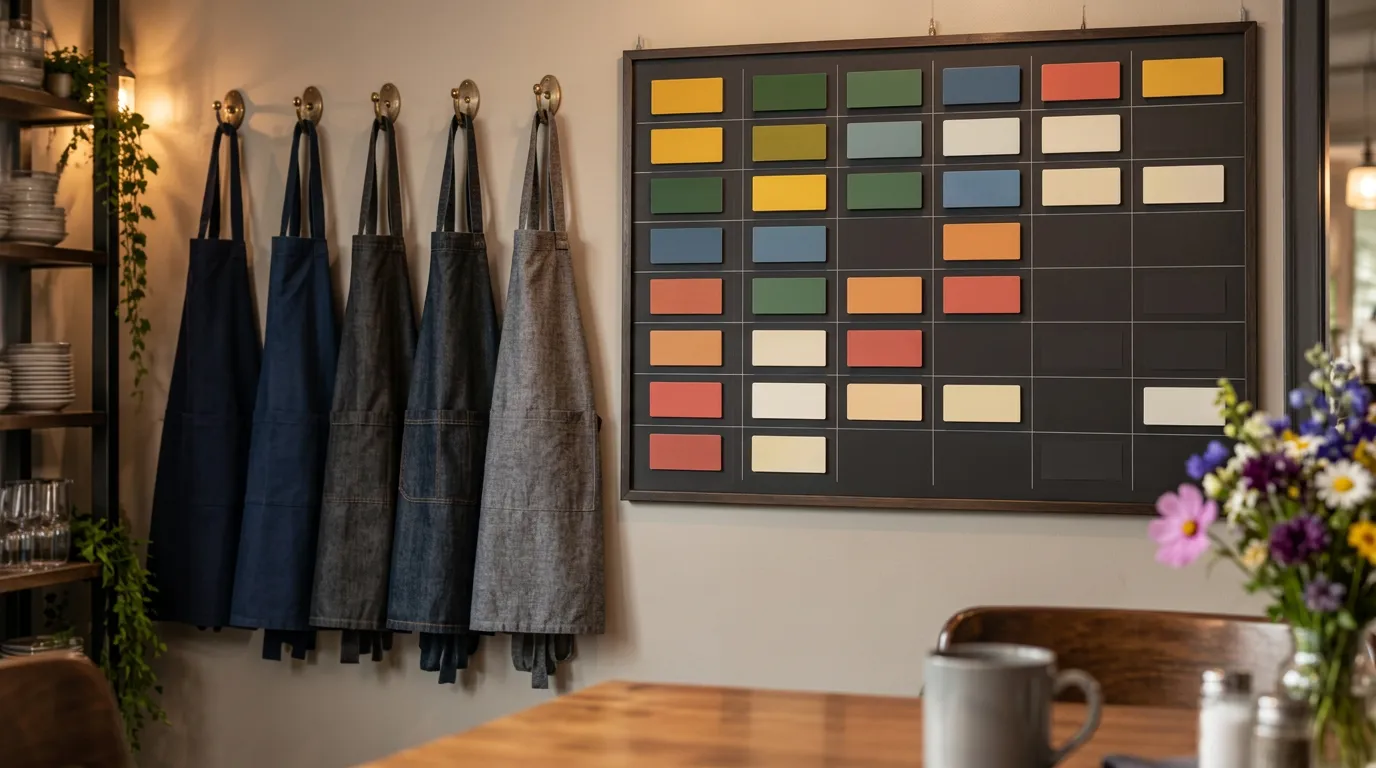 Personalbereich eines Gastronomiebetriebs mit Schürzen an Haken und einer Schichtplan-Tafel mit bunten Magnetkärtchen