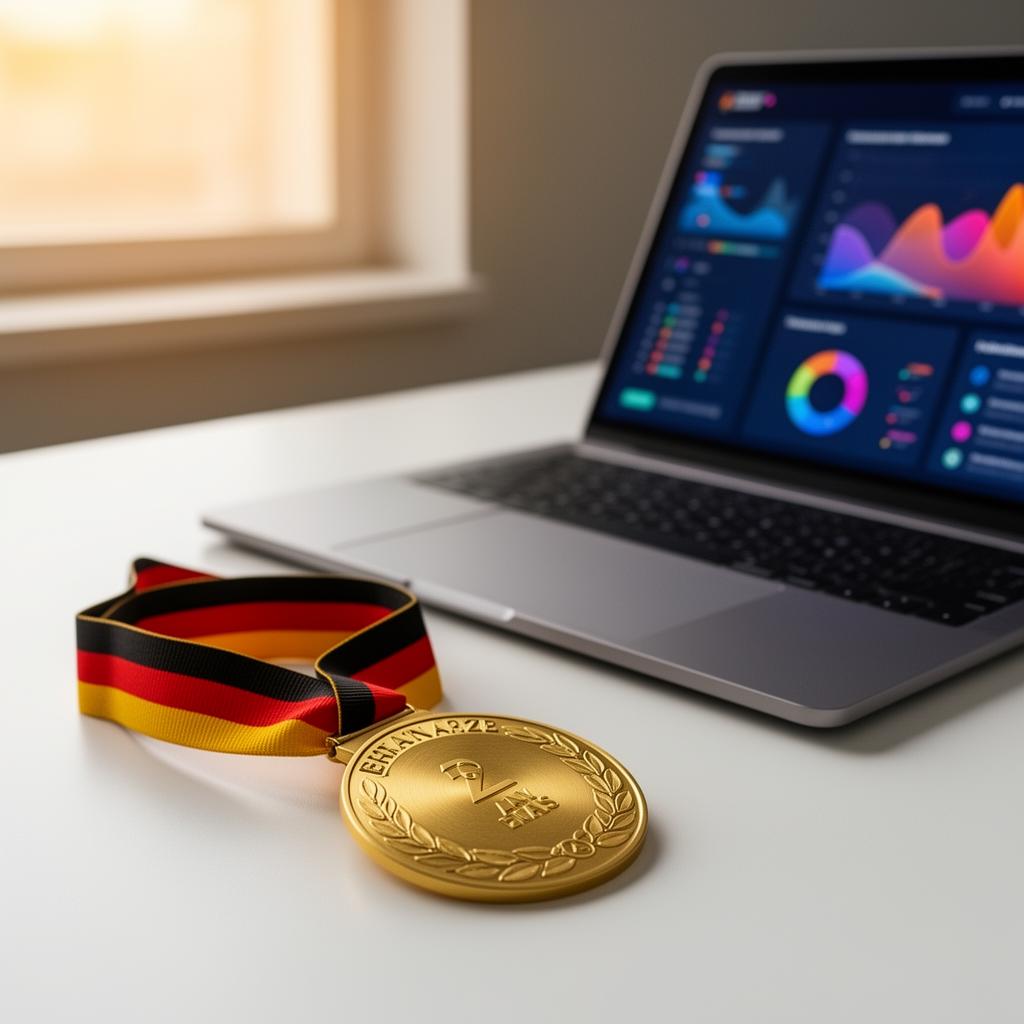Golden award with a German ribbon next to a laptop with a dashboard — symbol for the IGP funding