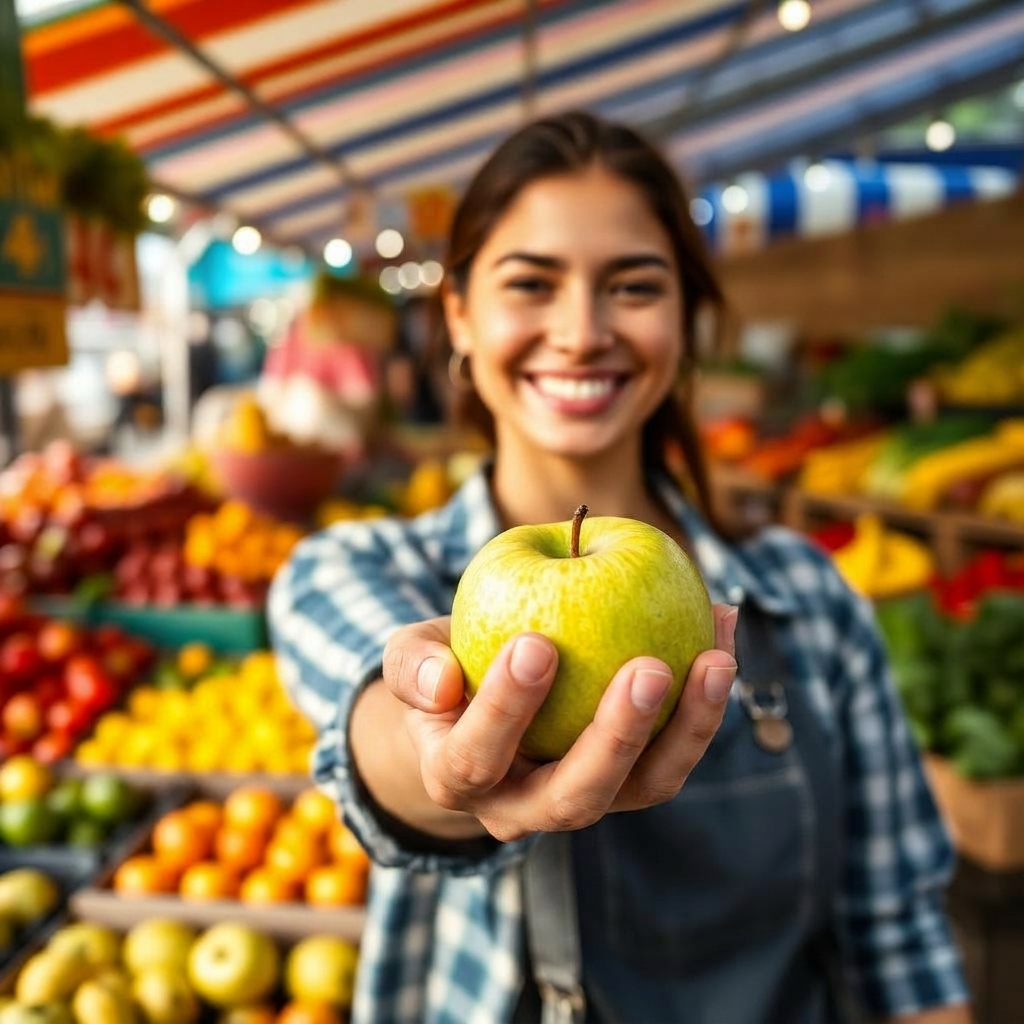 Smiling market vendor handing a fresh green apple into the camera